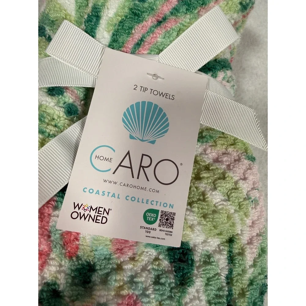 Caro Home Coastal Collection 2 Tip Towels Green Pink Floral Palm Leaf OEKO-TEX